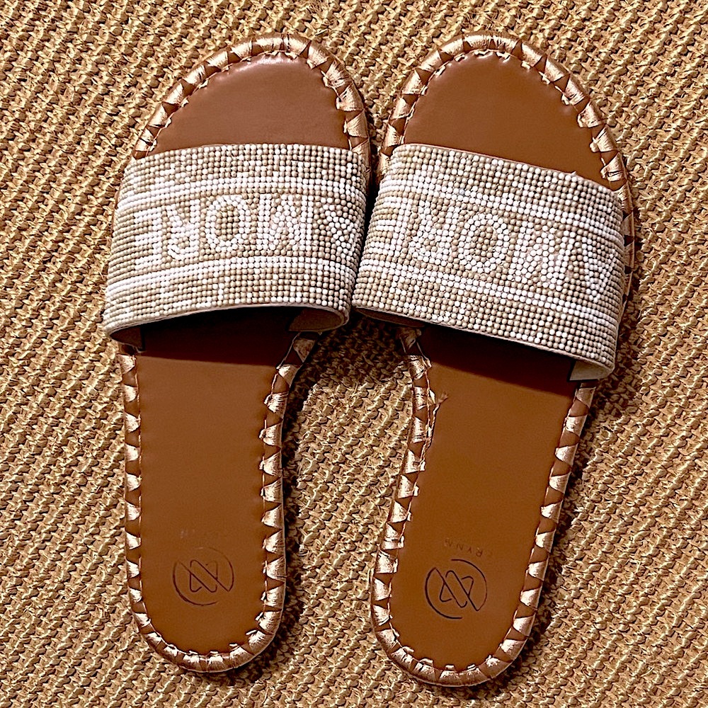 ‘AMORE’ beaded slip-in sandal slides